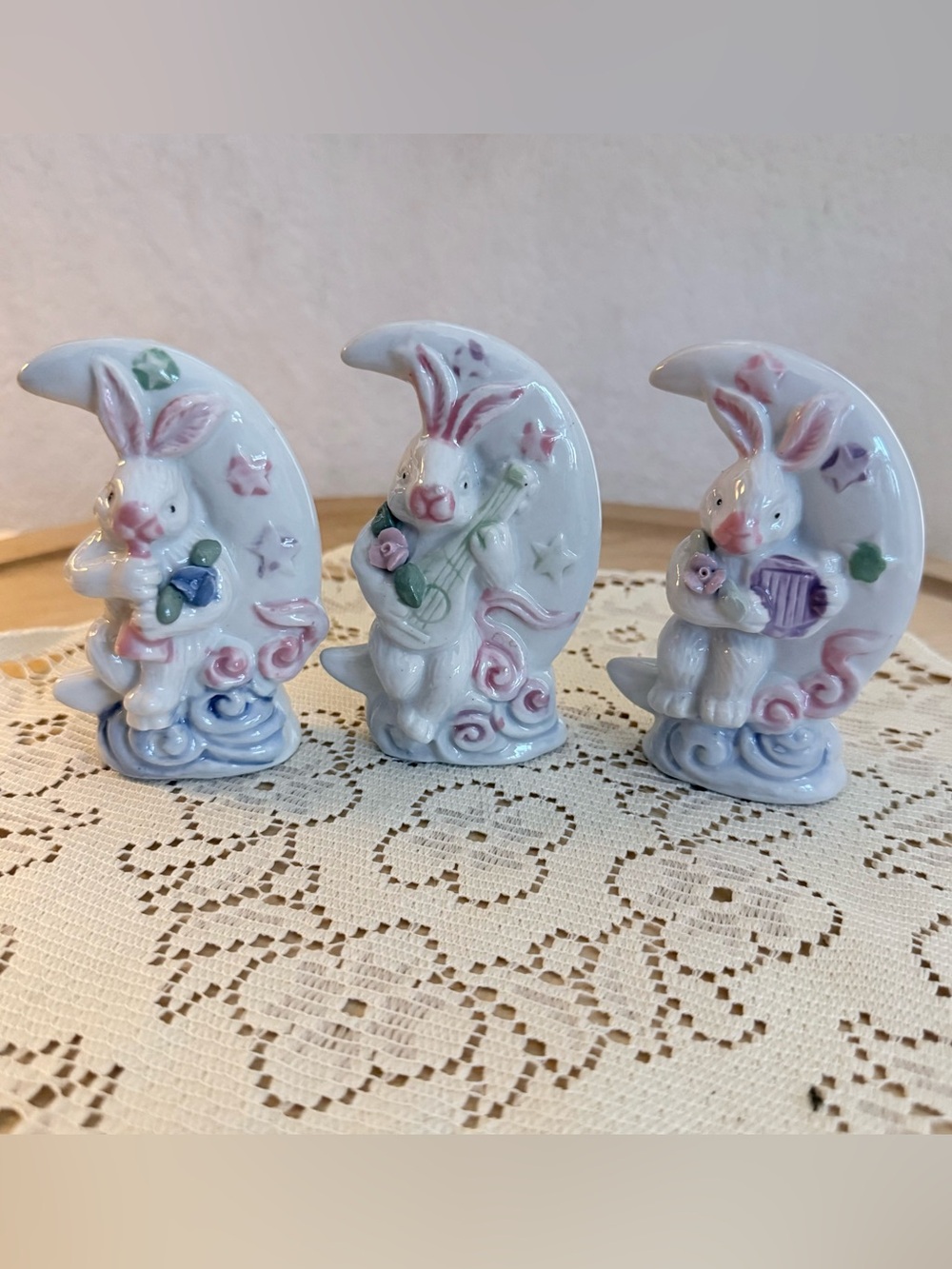 Vintage Porcelain Playing Instruments Bunny Rabbits on Half Moons Set of 3